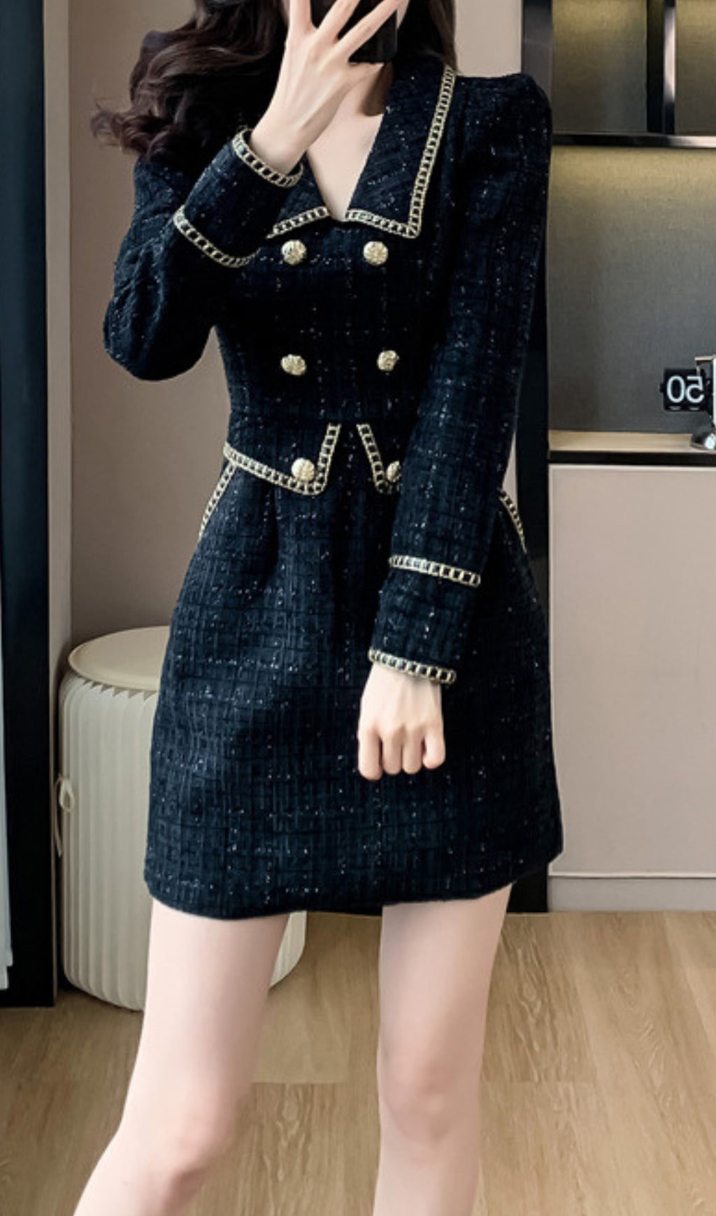Campana Black Long Sleeve Button Mini Dress