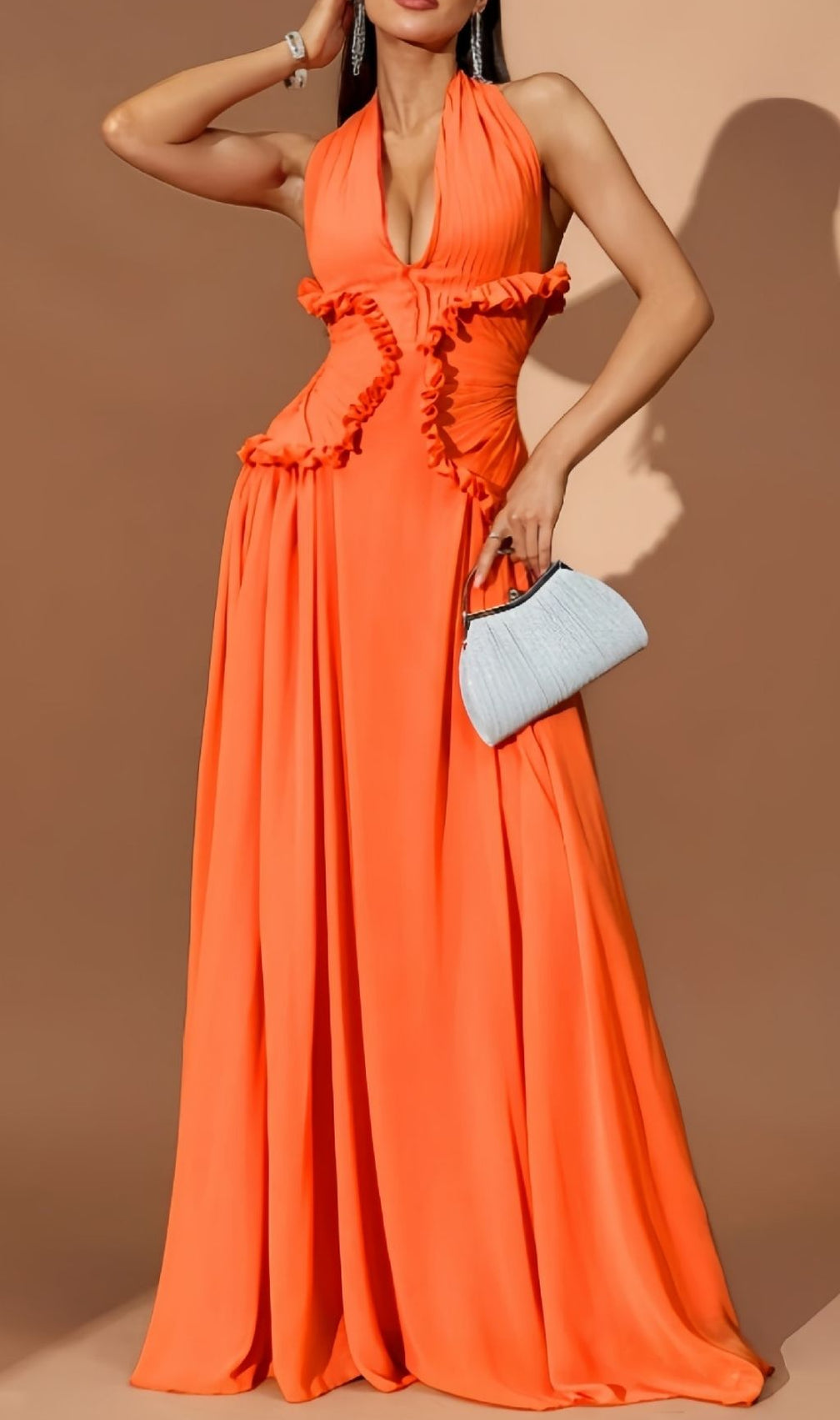 Kallisto Halter Pleated Maxi Dress: Vibrant Orange Evening Gown for Galas & Events