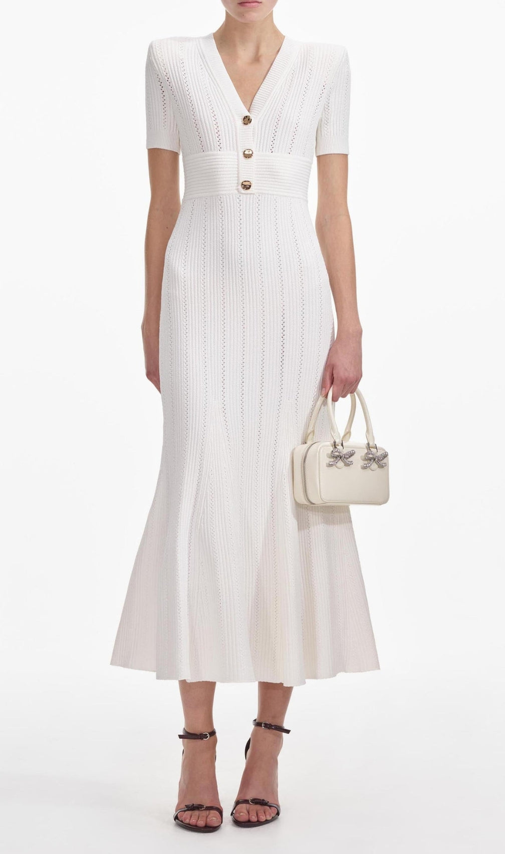 Cream Pointelle Knit Midi Dress
