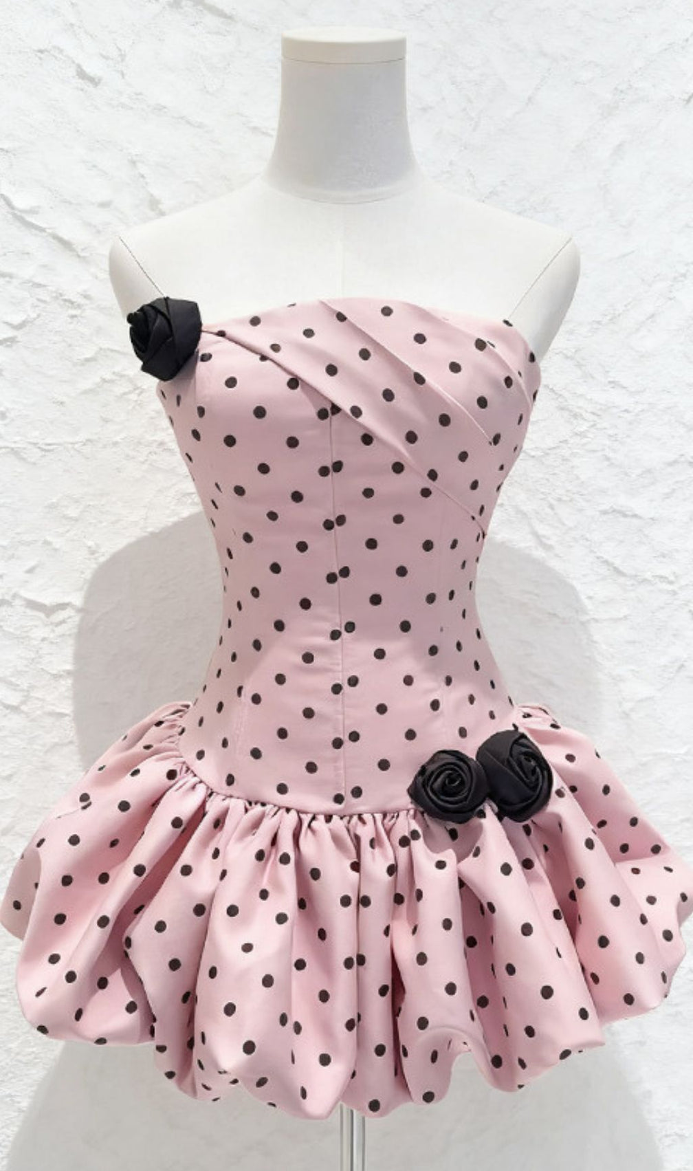 Hayfa Polka Dot Strapless Mini Dress with Floral Appliqués | Retro Chic Party Style