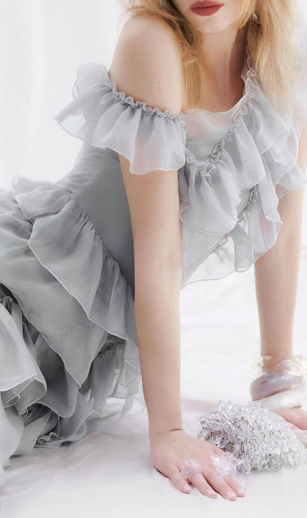 Klyara Grey Ruffle Mesh Maxi Dress