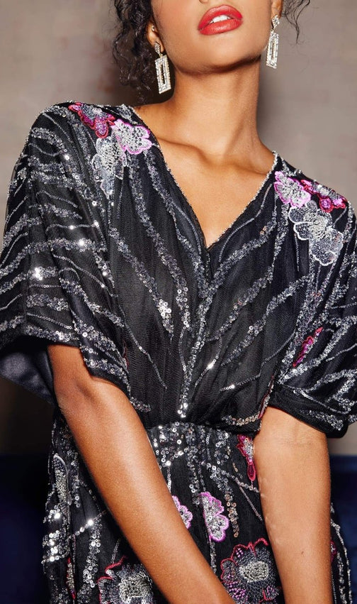 Doreen Black Floral Sequin Maxi Dress - Elegant Evening & Gala Gown