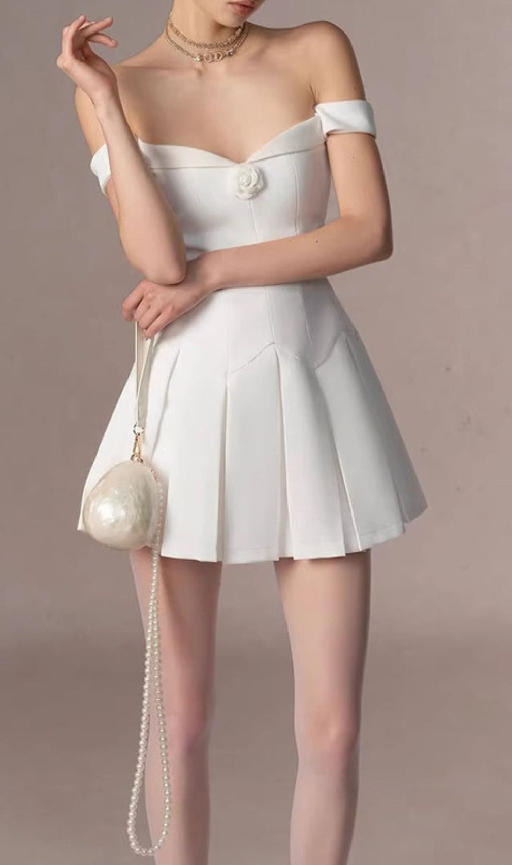 Gertie White Off-Shoulder Flower Mini Dress