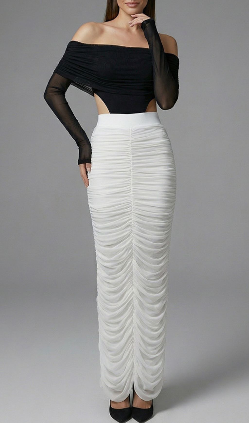 Joplin Elegant Off-Shoulder Cutout Bodysuit & Ruched Maxi Skirt Set
