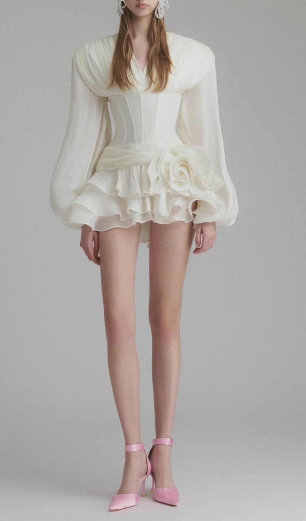 Darion White Corset Flower Long Sleeve Mini Dress