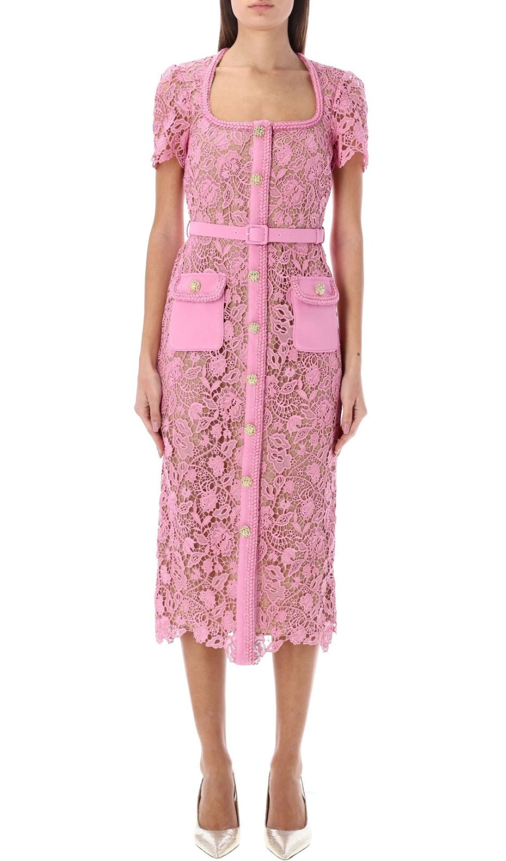 Anna Pink Guipure Lace Midi Dress