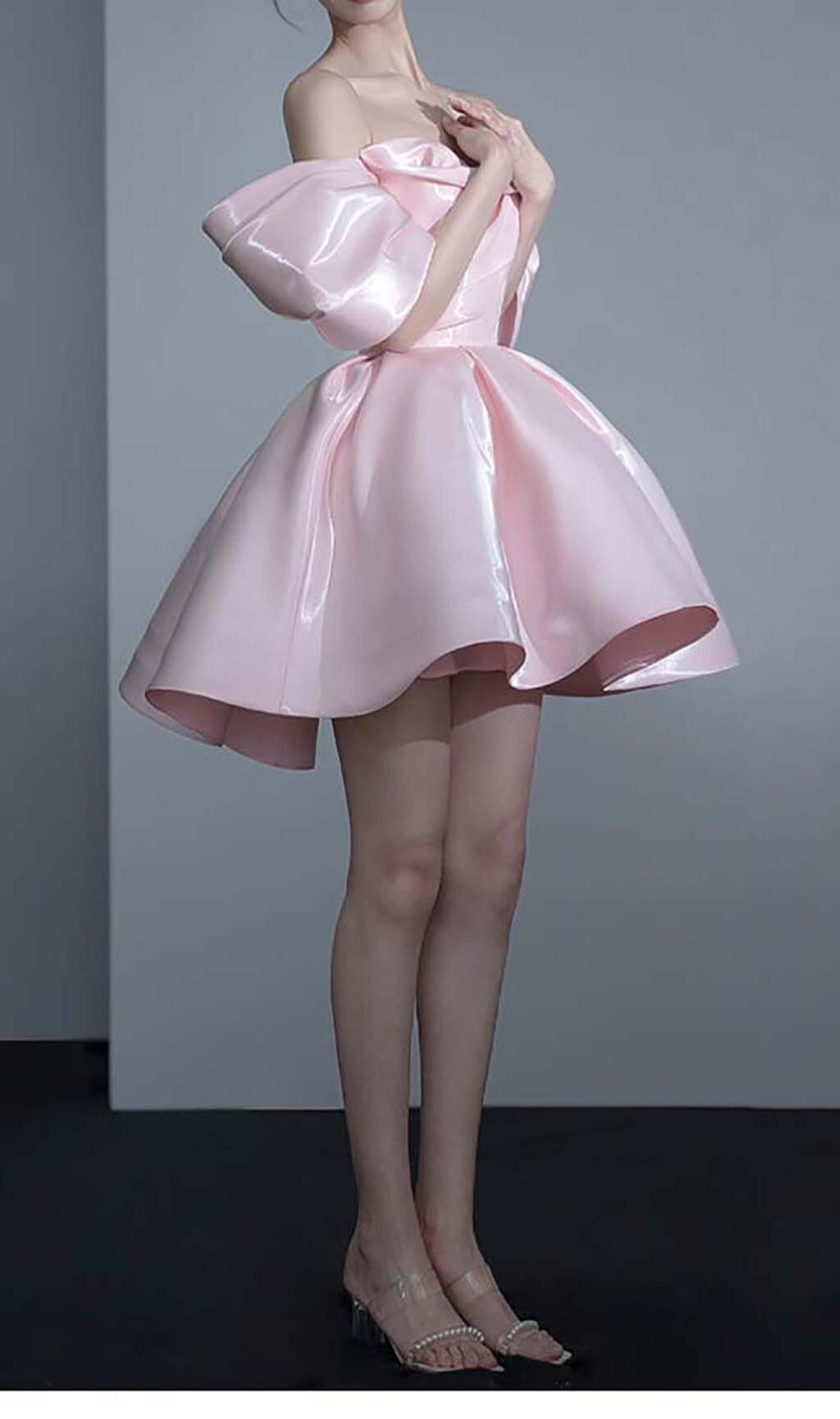 Off Shoulder Satin Mini Dress In Pink