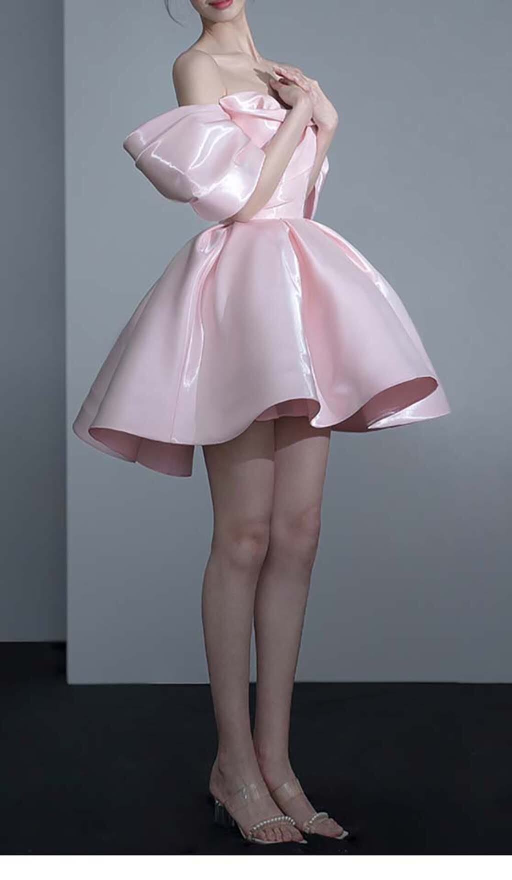 Off Shoulder Satin Mini Dress In Pink
