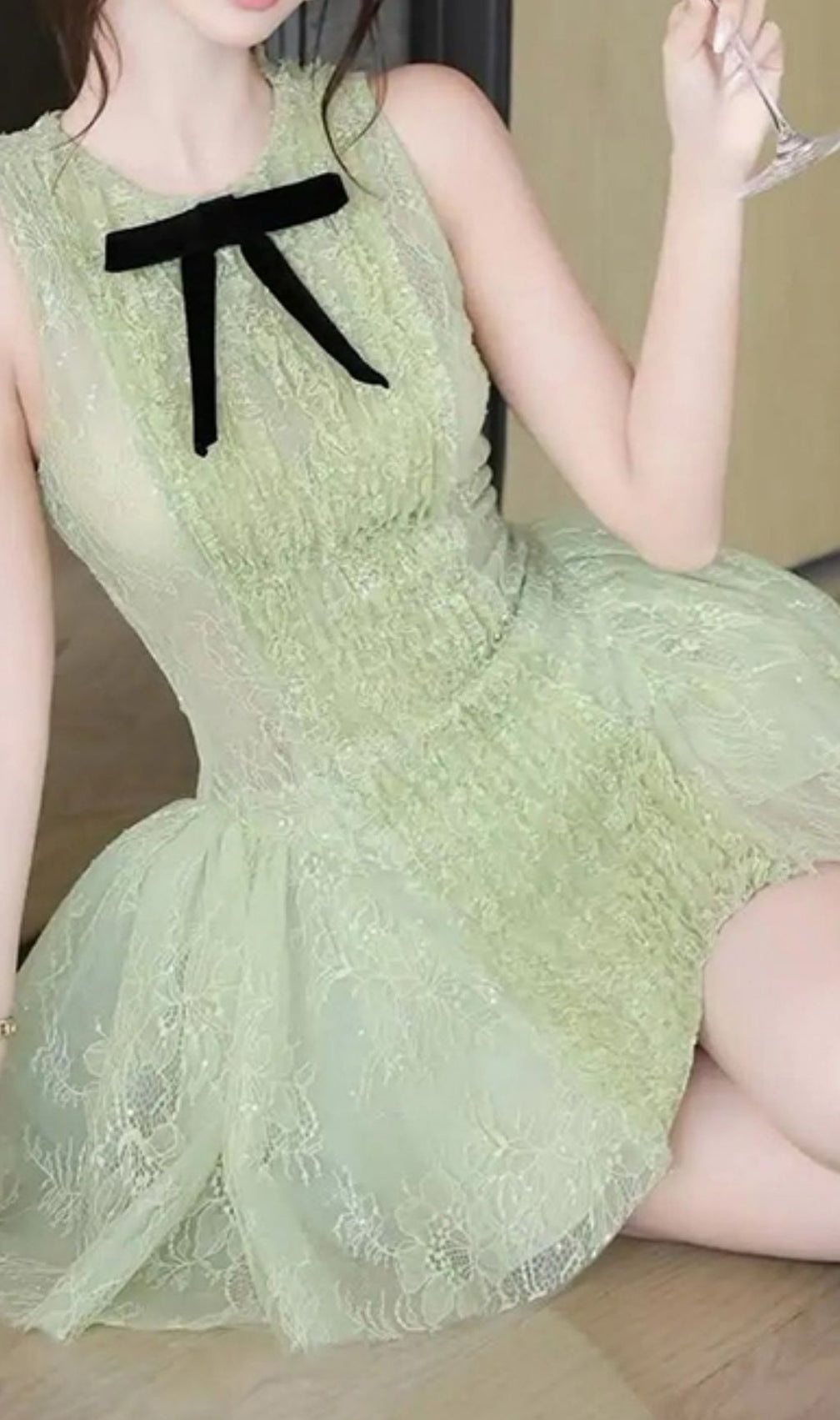 Isoko Green Sleeveless Lace Mini Dress