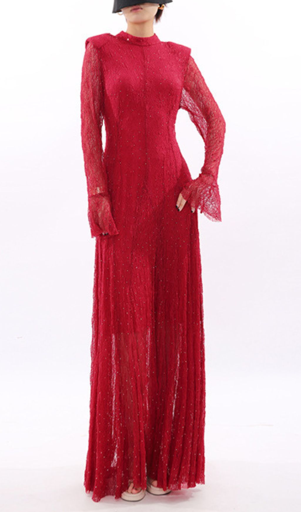 Stunning Ruby Red Sparkle Lace Maxi Dress - Long Sleeve Evening Gown