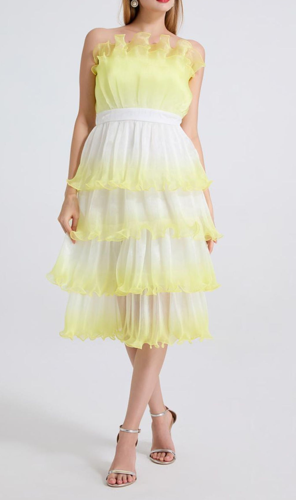 Fiene Yellow Strappy Cake Midi Dress