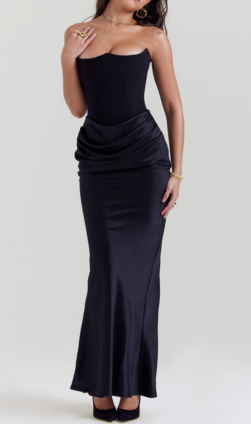 Ruched Corset Dress Maxi Dress In Black