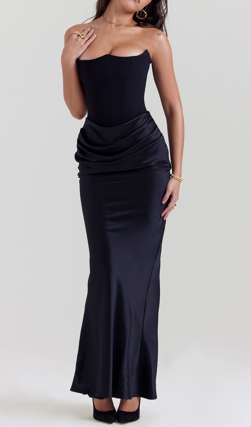 Ruched Corset Dress Maxi Dress In Black