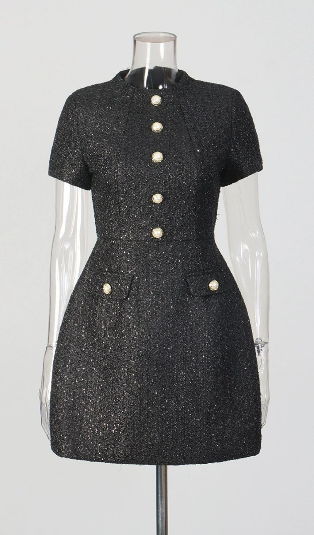 Keyla Luxe Gold Tweed Mini Dress with Pearl Buttons - Chic Party & Cocktail Attire