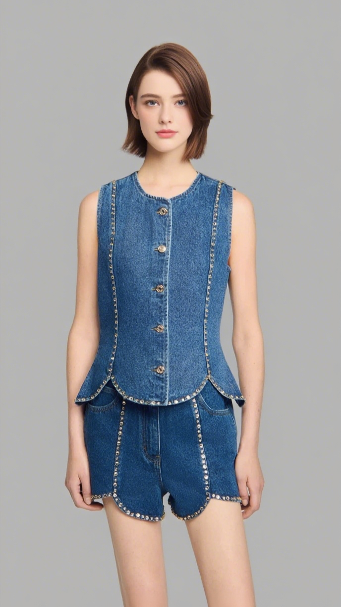 Rhinestone Denim Top in Blue