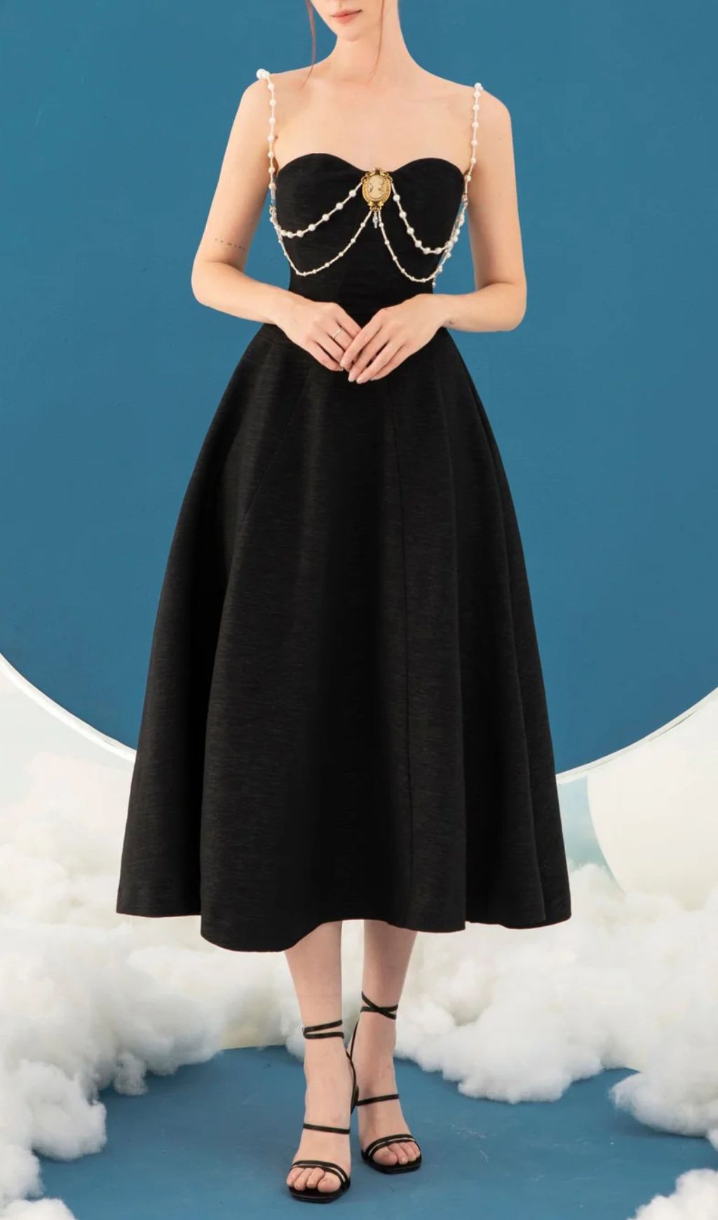 Ilyssa Black Beaded Strappy Midi Dress