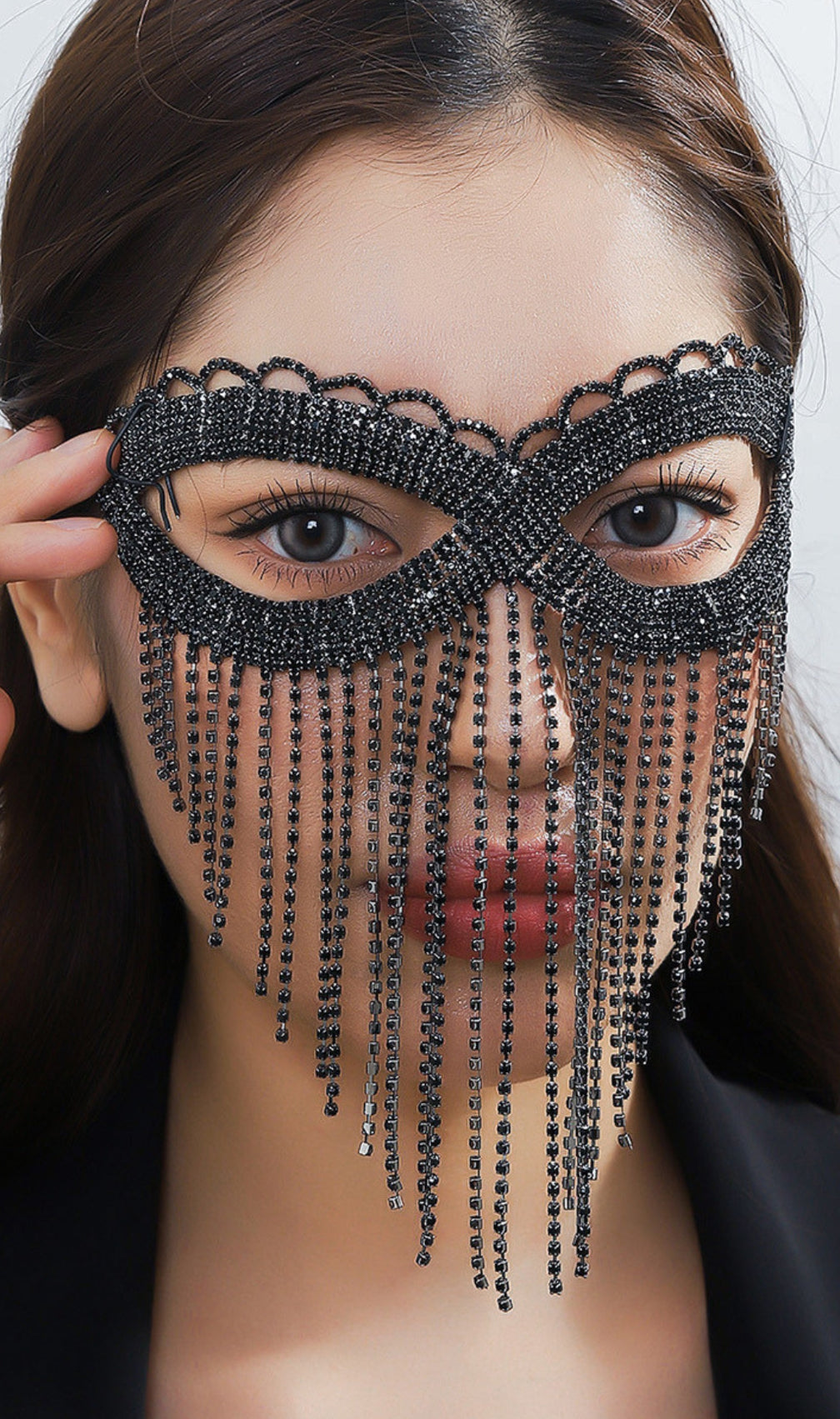 Dascha Black Rhinestone Tassel Mask
