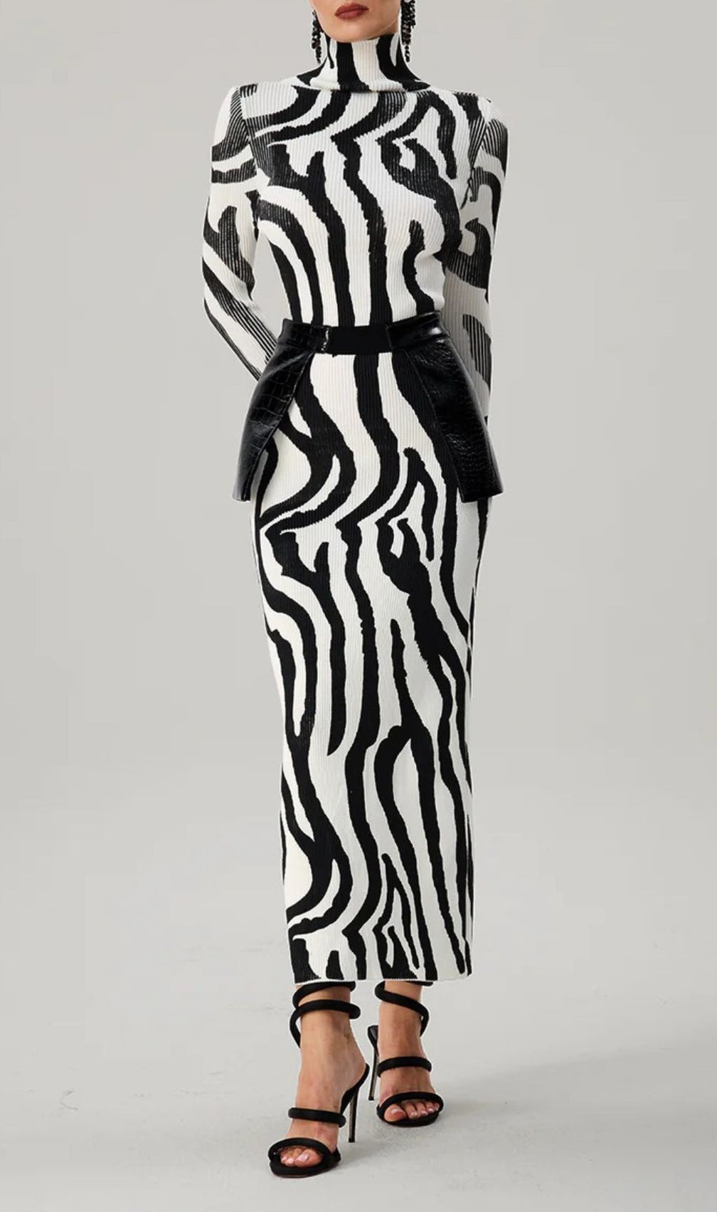 Farrux Zebra Print High-Neck Bodycon Maxi Dress - Fierce & Chic Knit