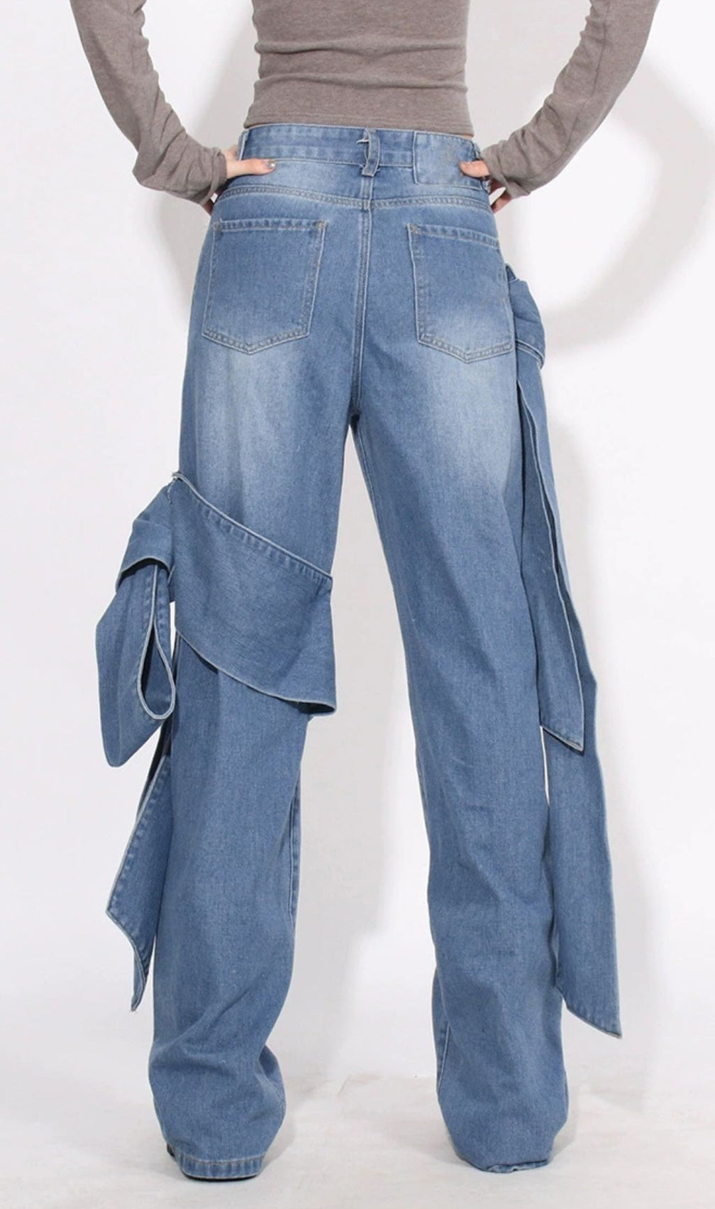 Whimsical Bow Knot Wide Leg Denim Jeans | Hussain Blue for Women