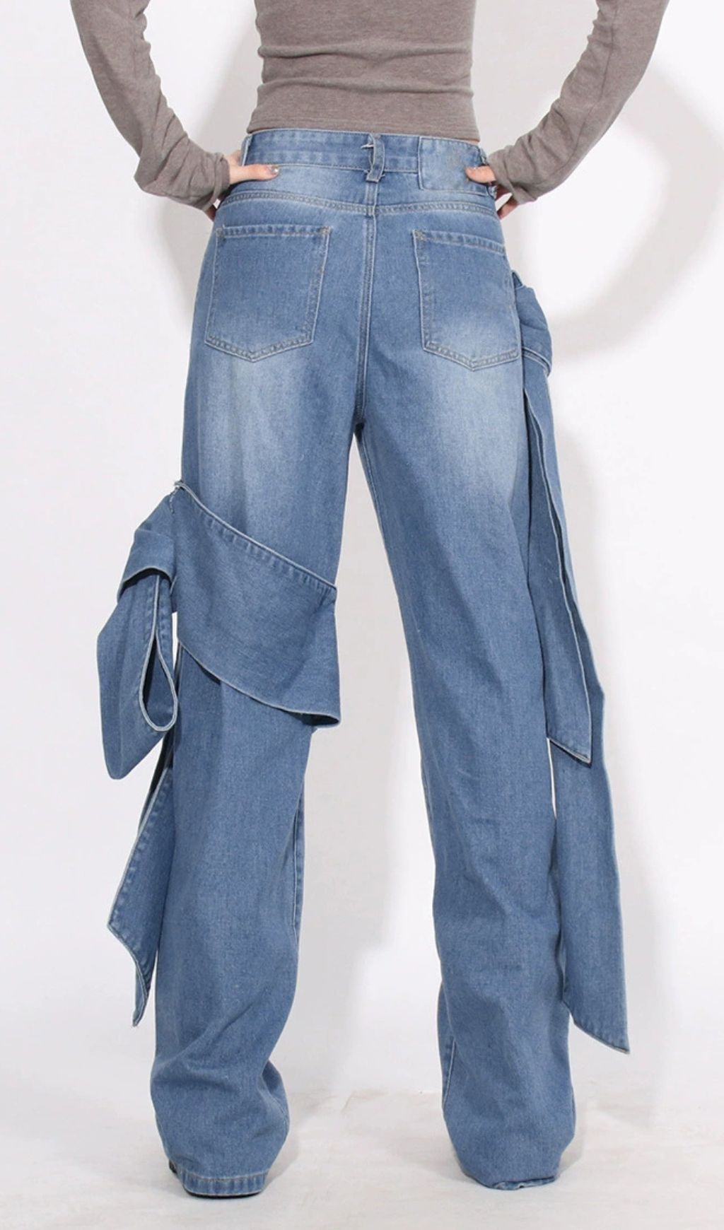 Whimsical Bow Knot Wide Leg Denim Jeans | Hussain Blue for Women