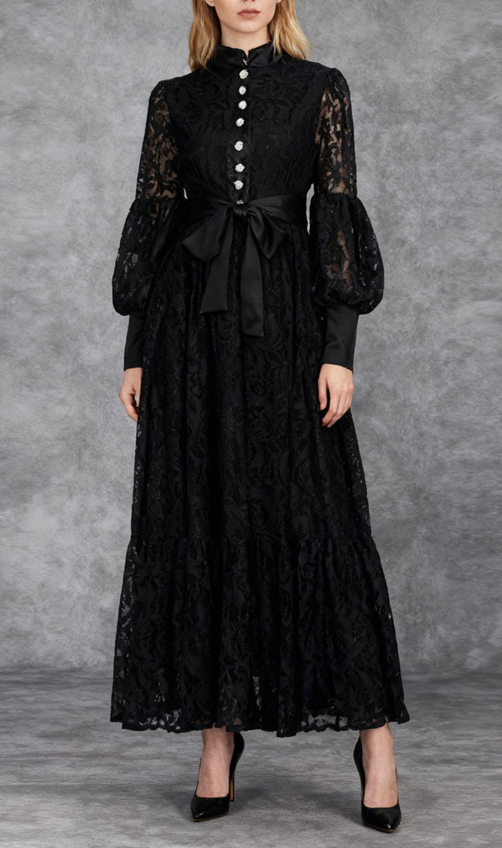 Ivria Elegant Black Lace Maxi Dress - High Neck & Voluminous Sleeves