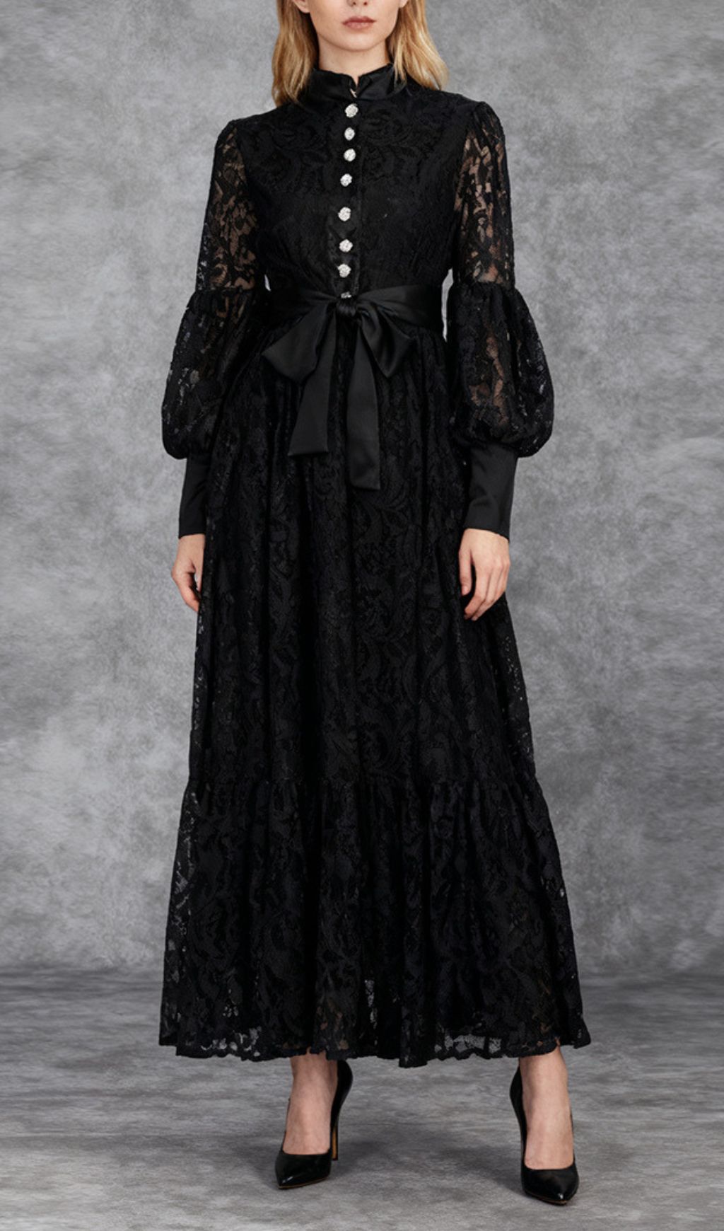 Ivria Elegant Black Lace Maxi Dress - High Neck & Voluminous Sleeves