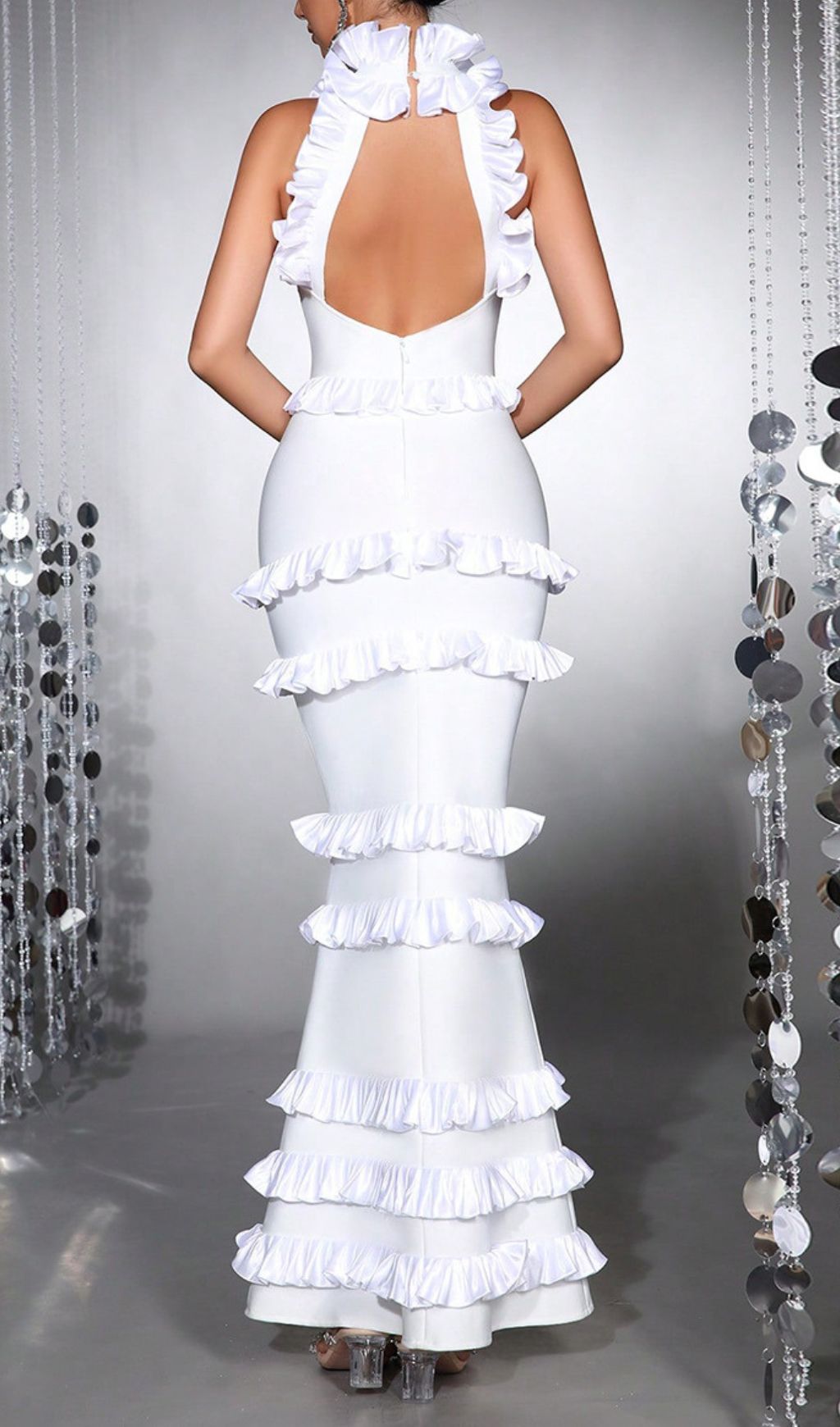 Haina White Halter Ruffle Bandage Maxi Dress | Elegant Tiered Gown for Special Occasions
