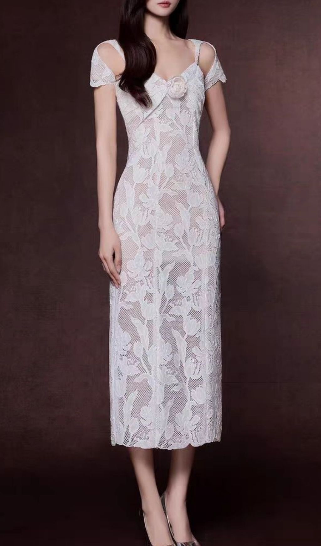 Phoenix Floral Applique Midi Dress in White