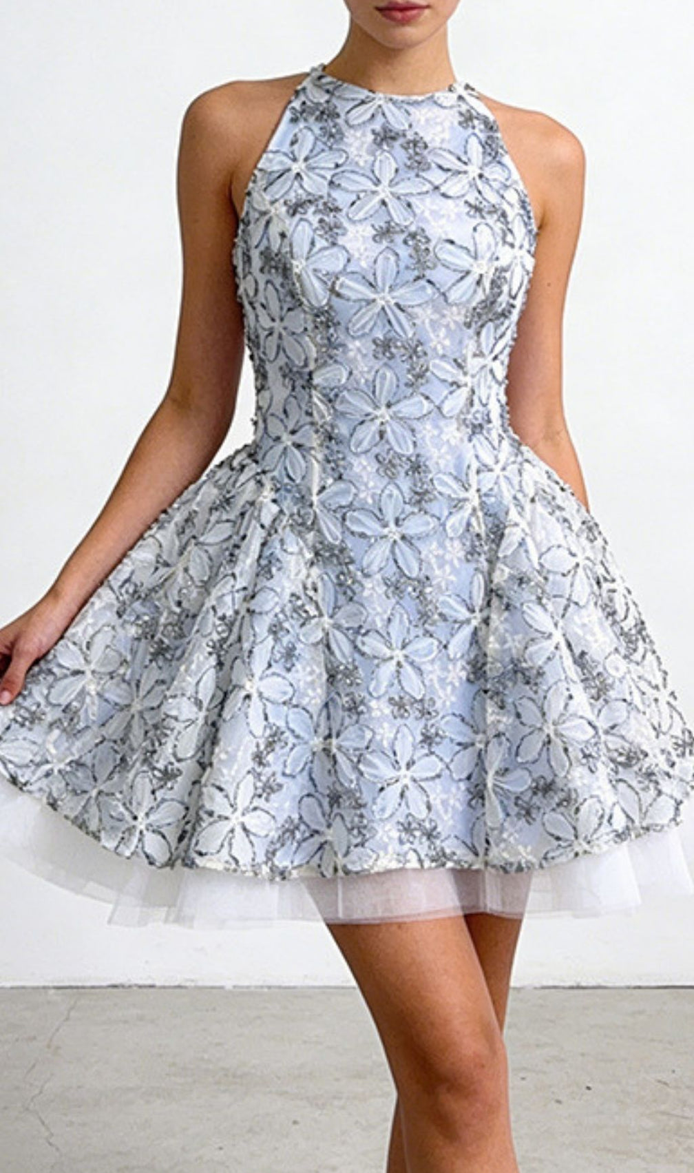 Katsumi Chic Floral Lace Halter Mini Dress - Romantic Party & Cocktail Dress