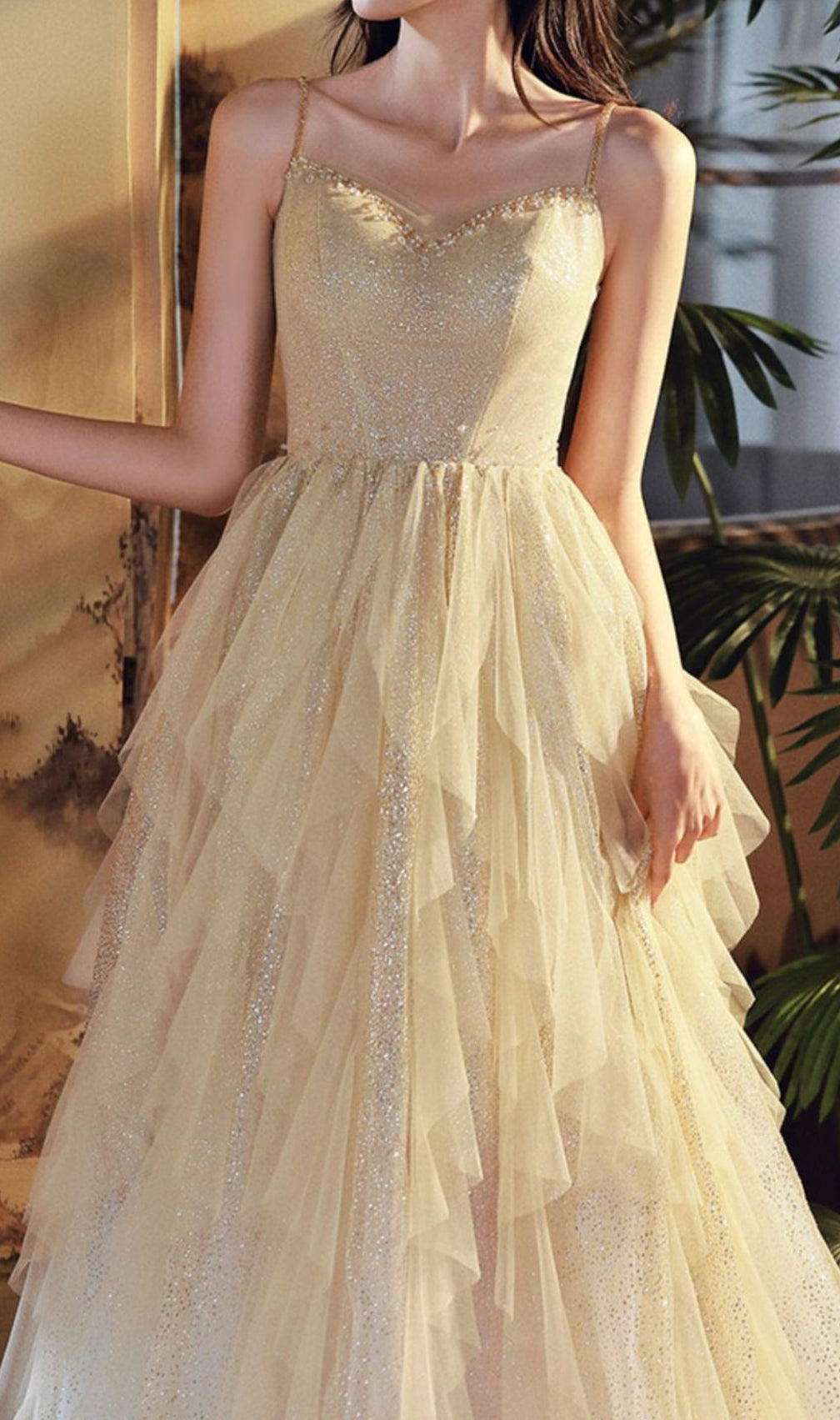 Chinara Champagne Mesh Bling Maxi Dress