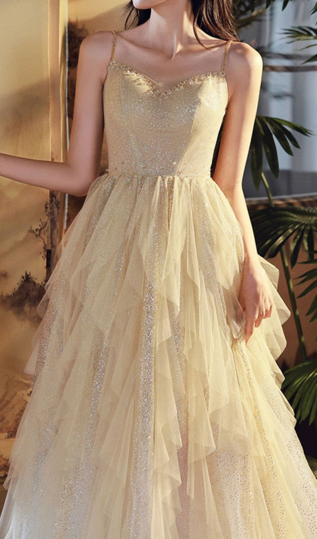 Chinara Champagne Mesh Bling Maxi Dress