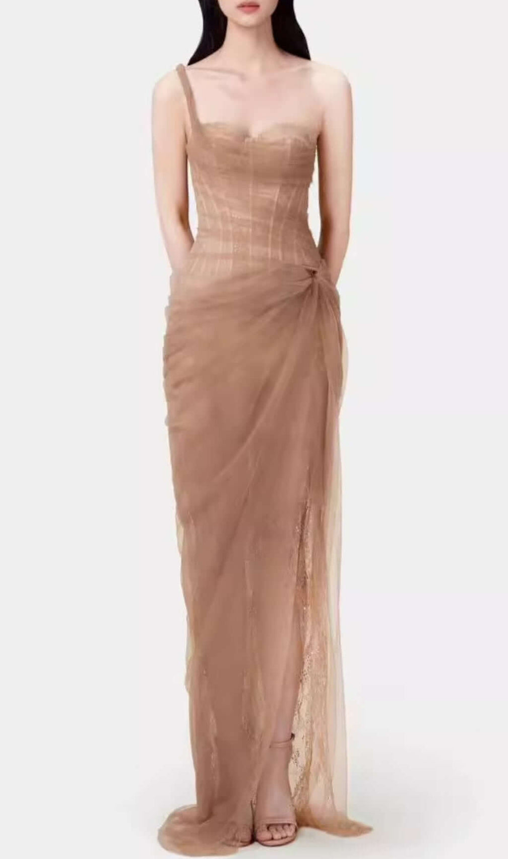 Anandi Brown Mesh Corset Maxi Dress