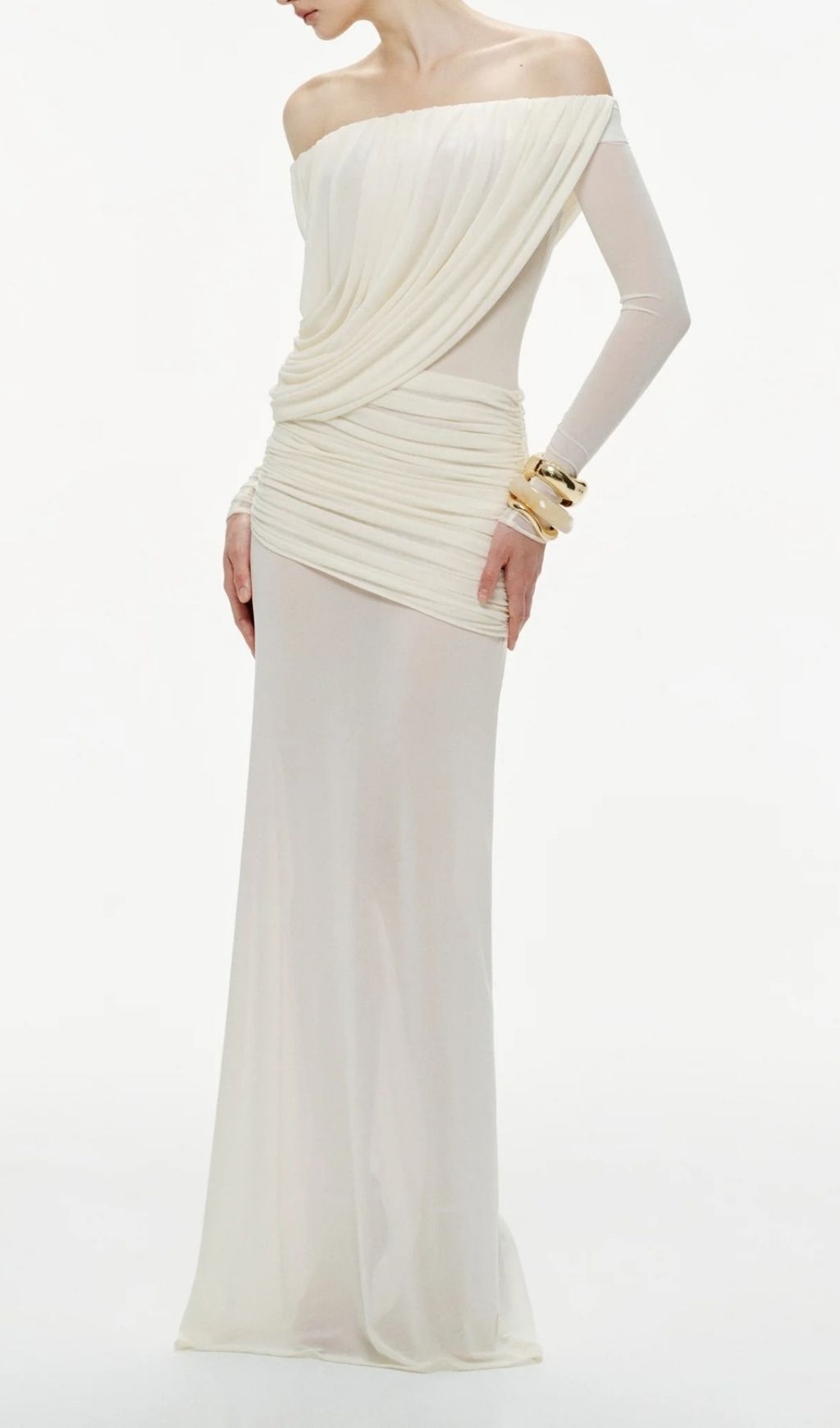 Kalinda Glamorous White Off-Shoulder Pleated Mesh Maxi Dress | Perfect for Weddings & Galas
