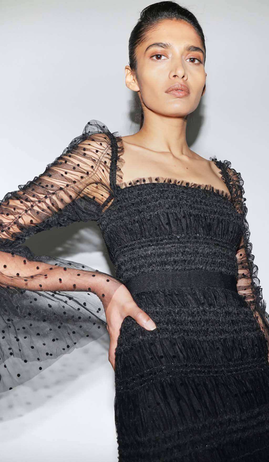 Dot Mesh Midi Dress In Black