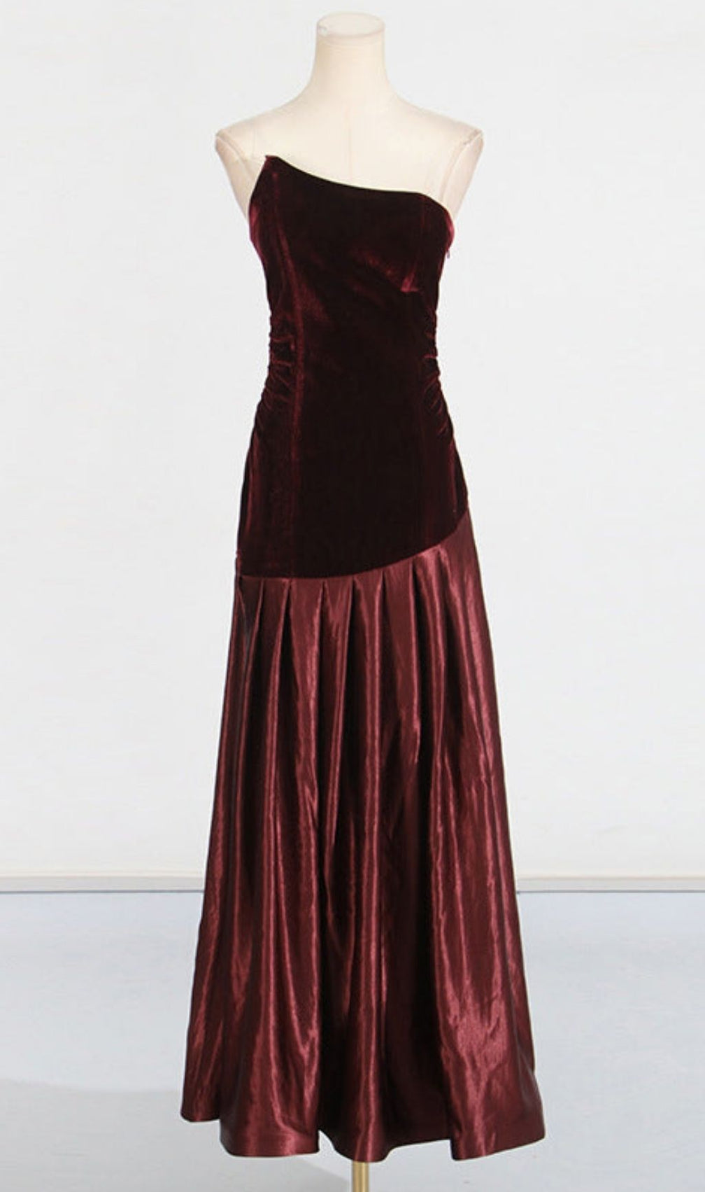Tiffany Irregular Splicing Strapless Maxi Dress - Burgundy