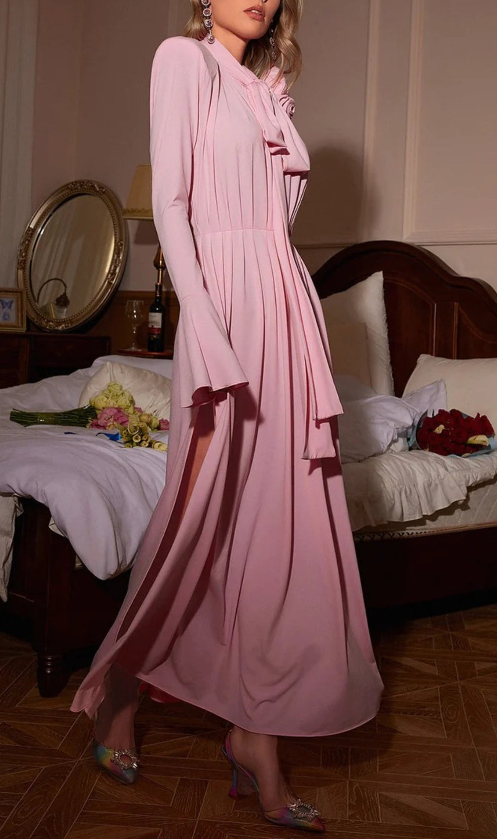 Aiko Pink Flower Embellished Maxi Dress