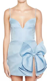 CRYSTAL SLIT BOW TRIMMED MINI DRESS IN BABY BLUE