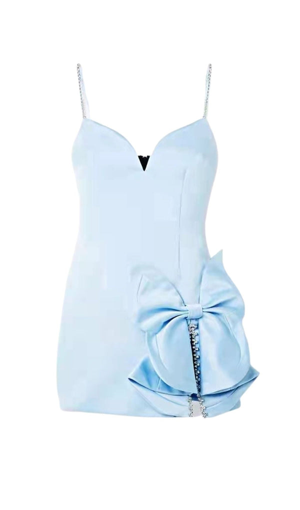 CRYSTAL SLIT BOW TRIMMED MINI DRESS IN BABY BLUE