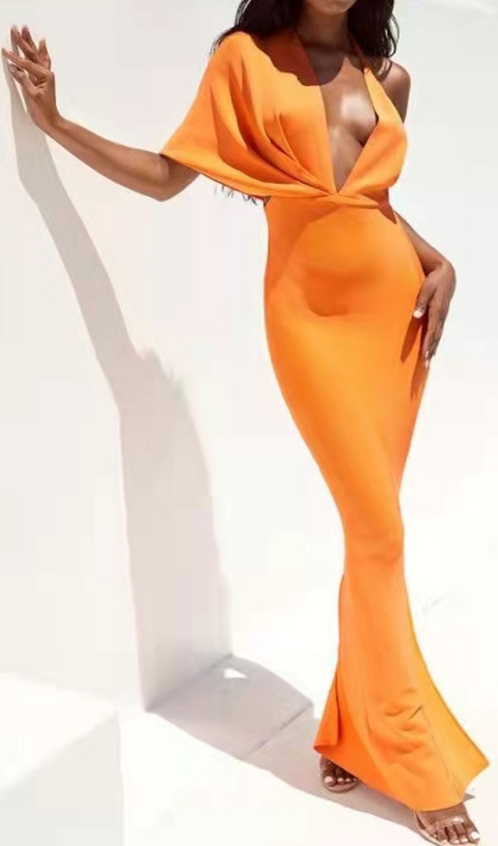 Neon Orange Plunging Neck Batwing Sleeve Backless Bodycon Bandage Dress
