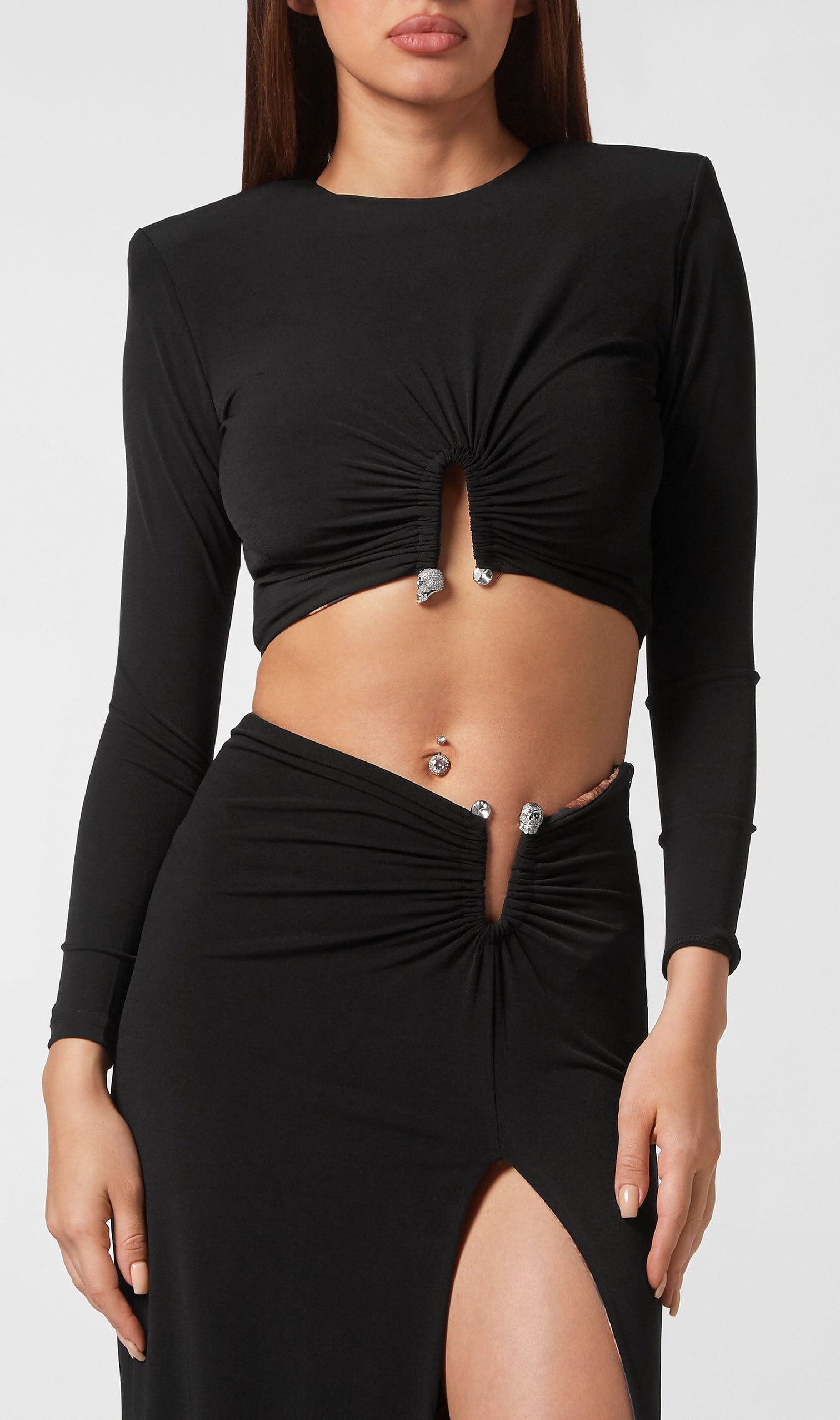 Chic Black & Leopard Print Two-Piece Set: Crop Top & Slit Maxi Skirt