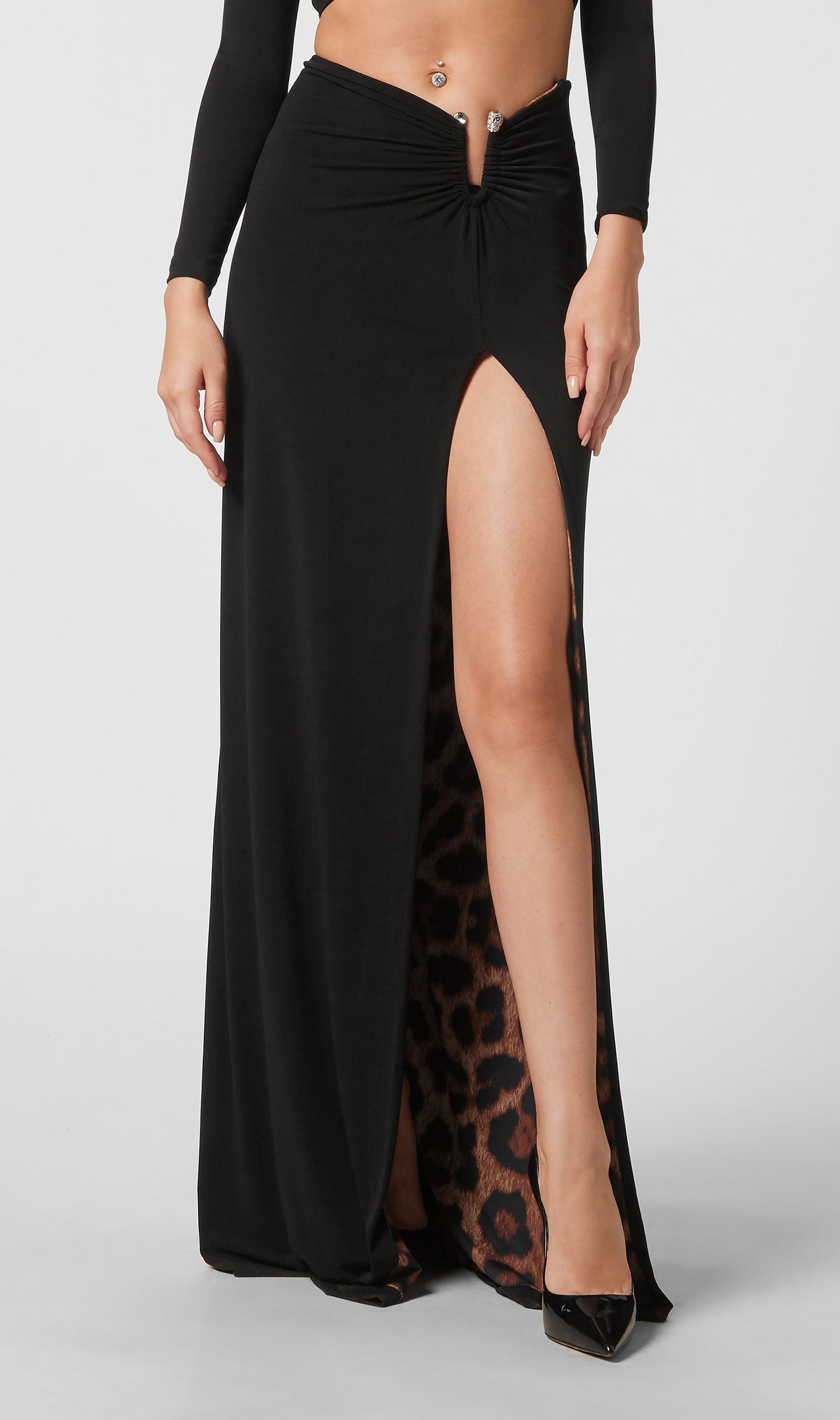 Chic Black & Leopard Print Two-Piece Set: Crop Top & Slit Maxi Skirt
