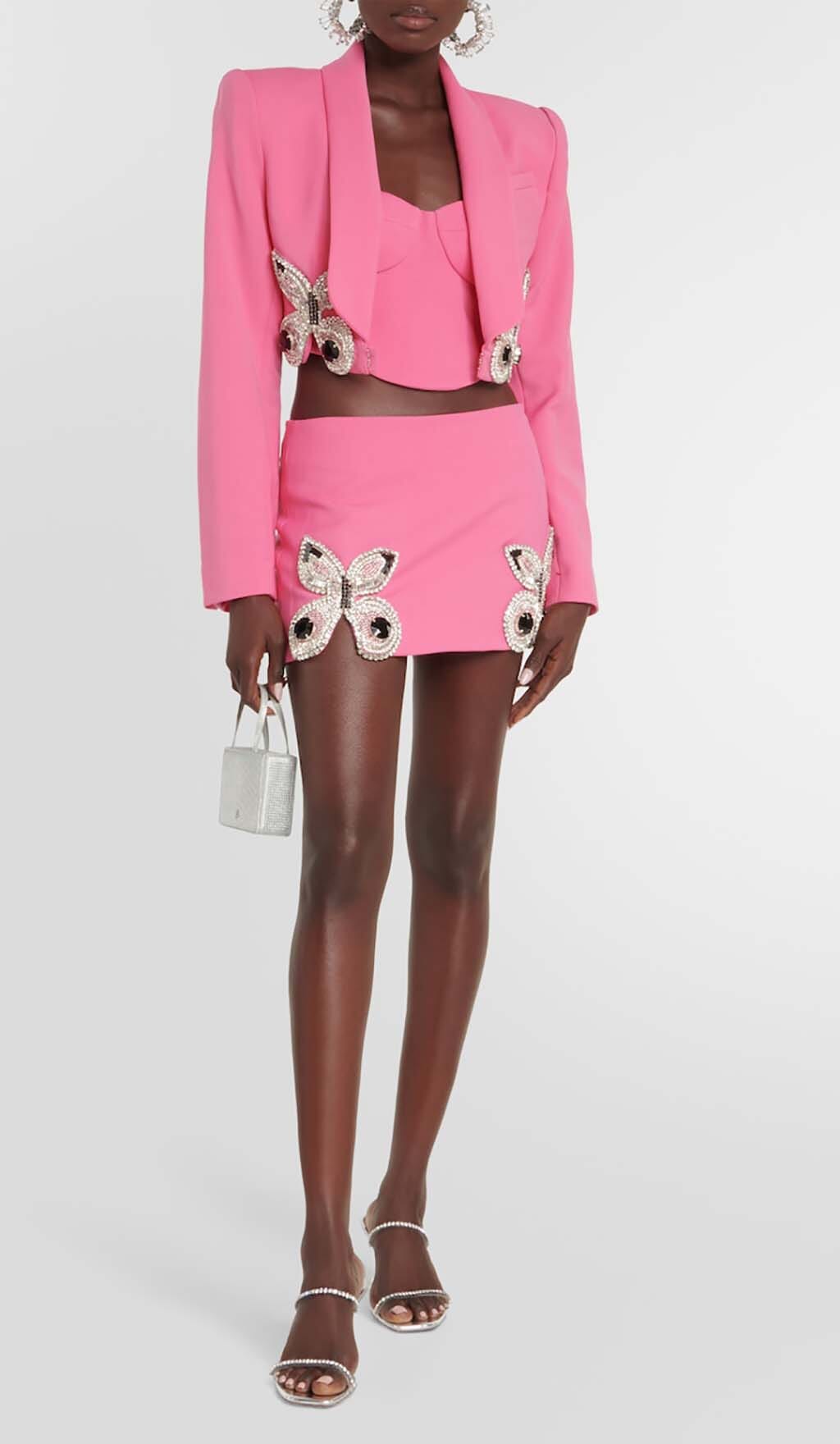 EMBELLISHED BUTTERFLY CROPPED BLAZER IN PINK