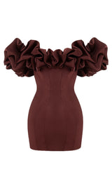 BURGUNDY SATIN RUFFLE STRAPLESS DRESS