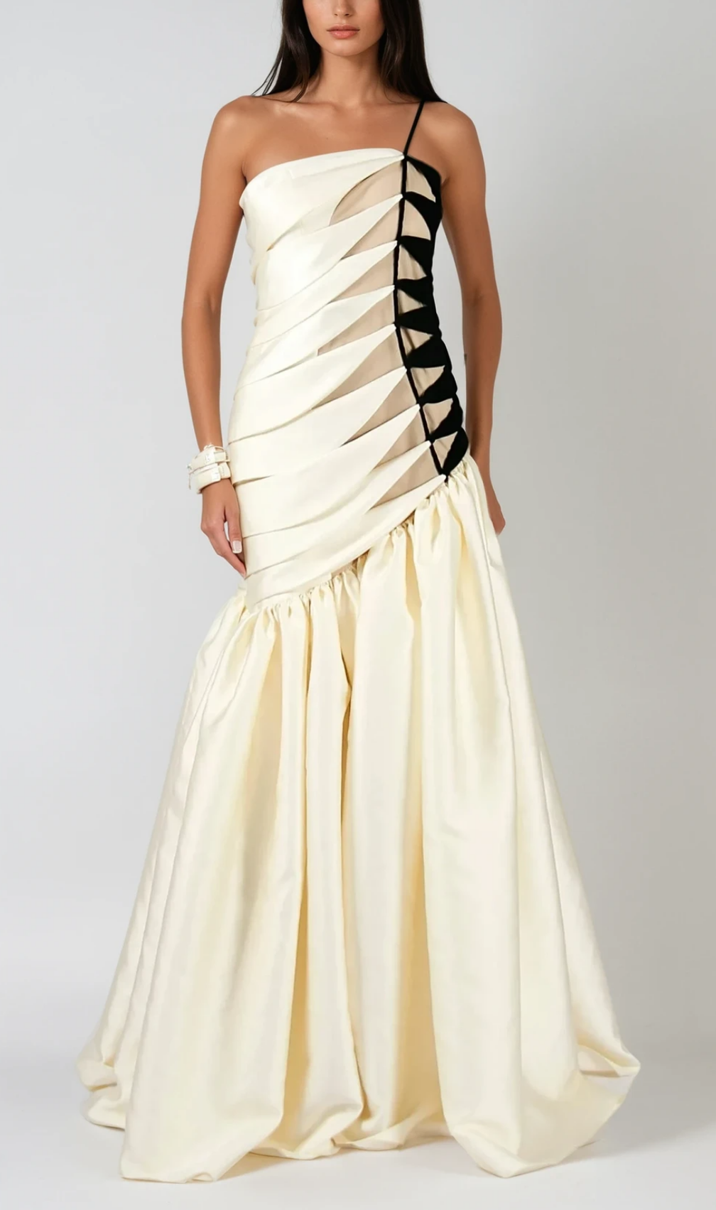 SARA Chic Black & White Satin Maxi Gown with Braided Side Detail - Elegant Evening Dress