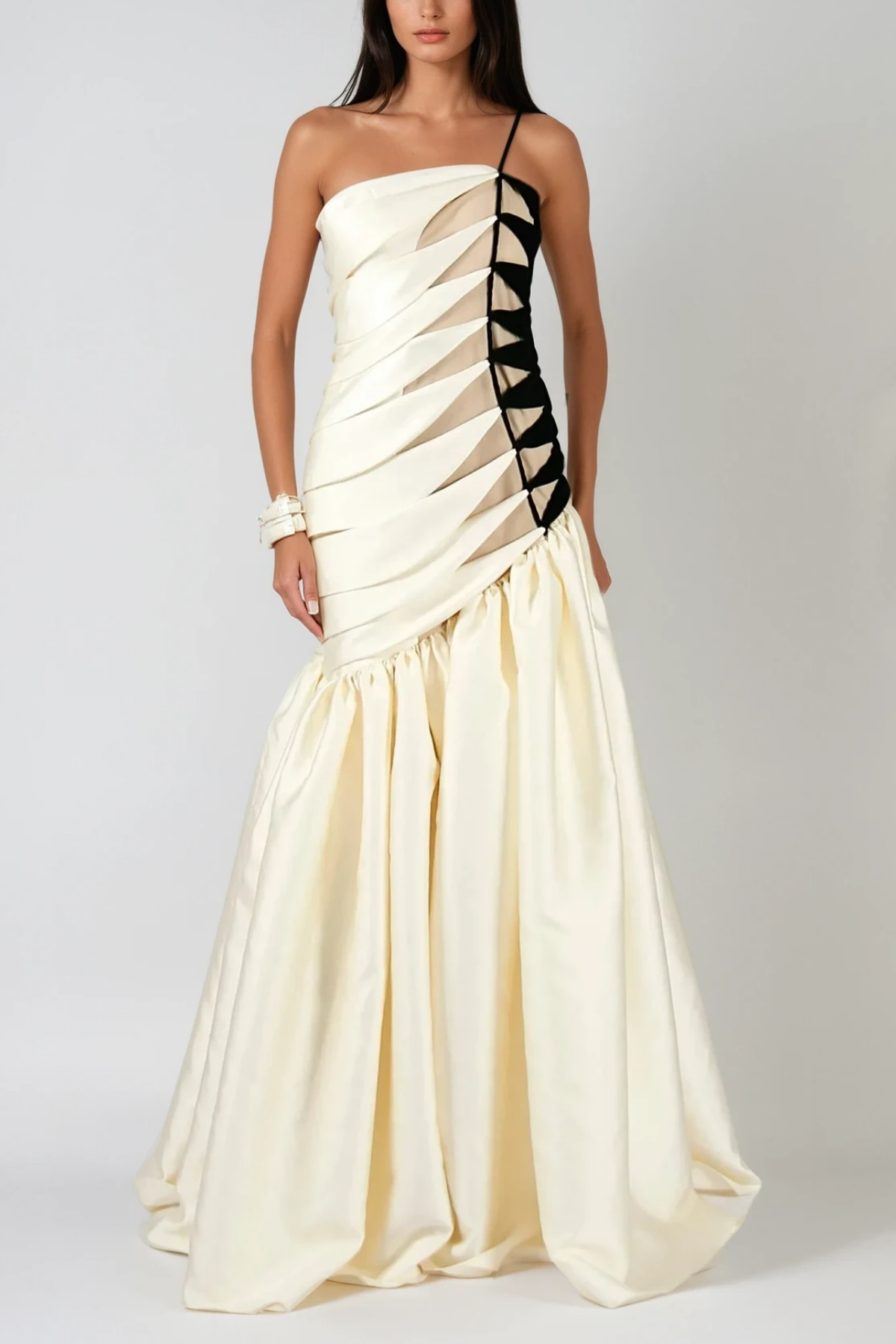 SARA Chic Black & White Satin Maxi Gown with Braided Side Detail - Elegant Evening Dress