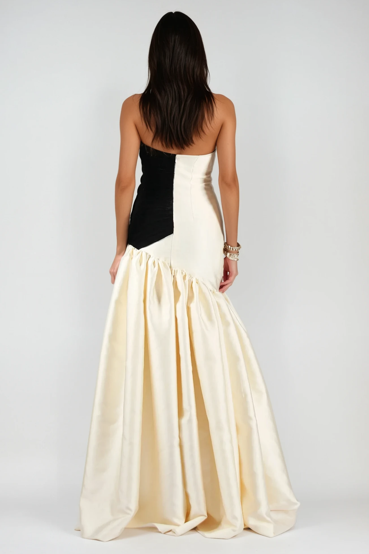 SARA Chic Black & White Satin Maxi Gown with Braided Side Detail - Elegant Evening Dress