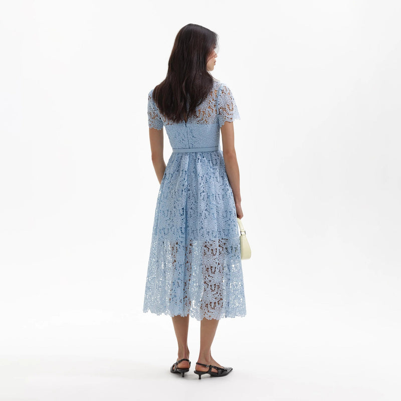 BLUE GUIPURE LACE A LINE MIDI DRESS