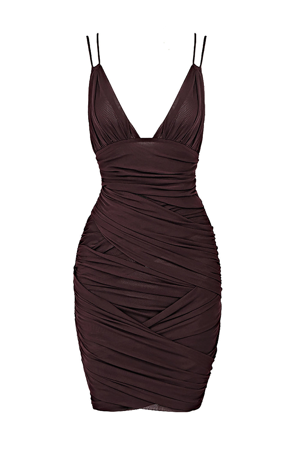 Deep V Ruched Mesh Mini Dress