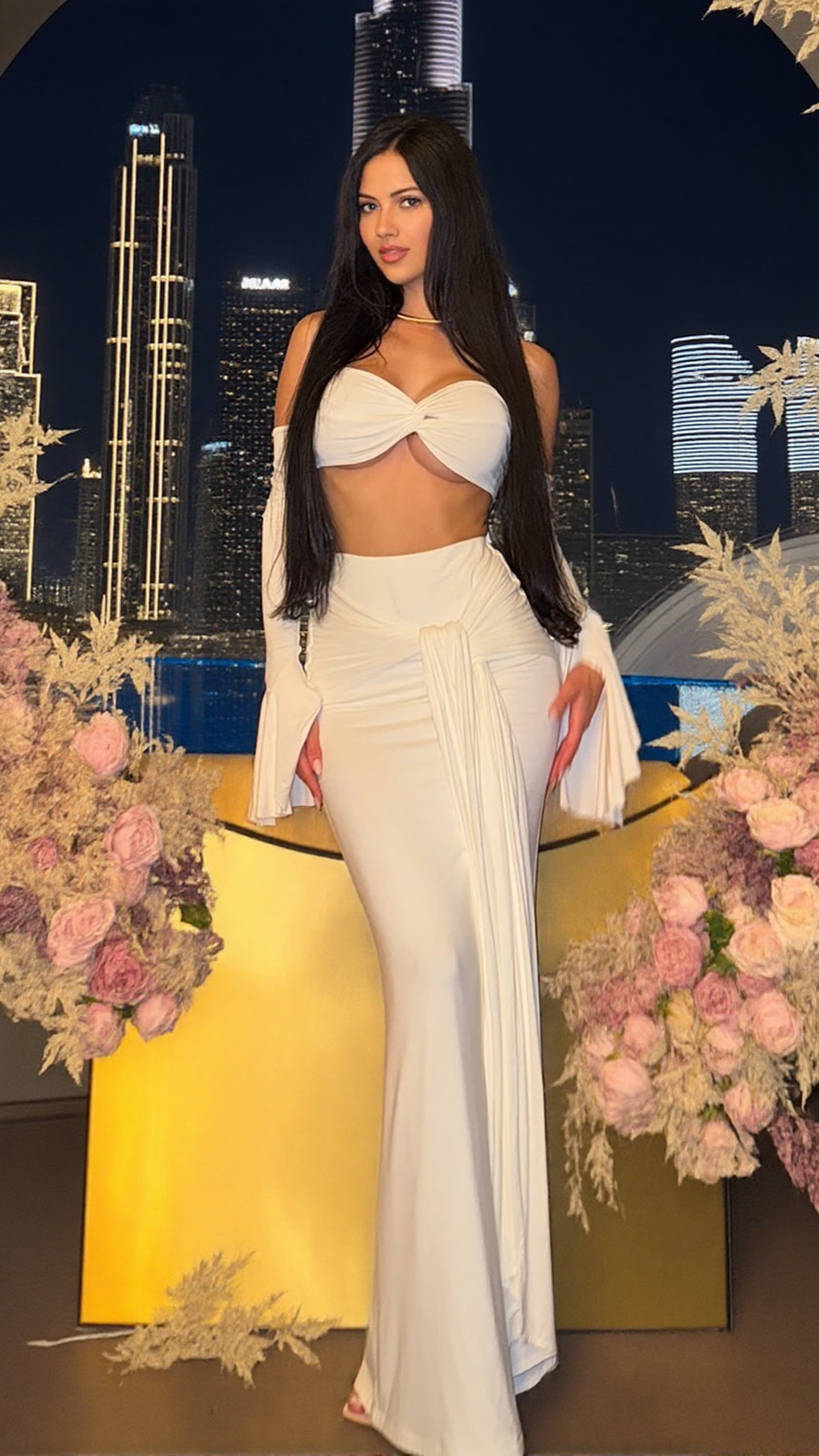 Elegant White Off-Shoulder Bustier Crop Top & Knot Front Maxi Skirt Two-Piece Set
