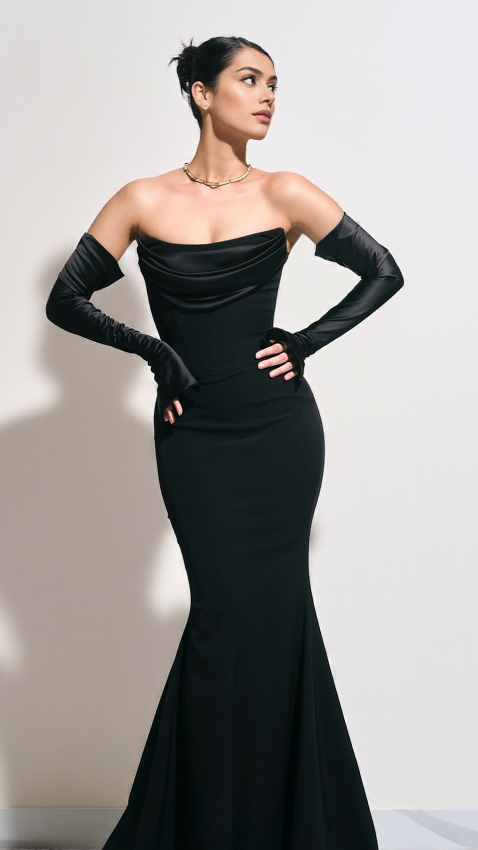 Chic Black Draped Maxi Dress with Strapless Neckline & Long Off-Shoulder Sleeves